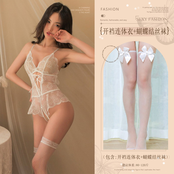 Sexy Lace Bodysuit for Women - Seductive Sheer Open-Crotch Bodysuit, Breathable Mesh & Cut-Out Design - White (sexy open-crotch bodysuit + bow-tie stockings)