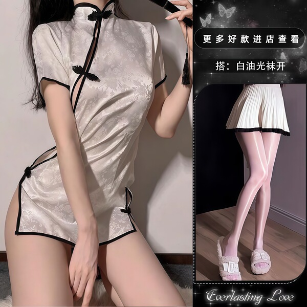 QQNY Pure Allure Sleepwear Set – Elegant Sensual Lingerie for Women, Luxury Bedroom Wear - White sexy pajamas + white open-crotch glossy stockings
