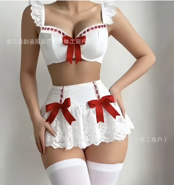 Pure & Spicy Women's Summer Lingerie Set – Sexy Bow Bikini Sleepwear Outfit for Adults - White (with stockings)
