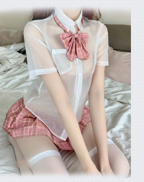 British Plaid Lingerie Dress - Sexy Schoolgirl Style Sheer Blouse with Bow Tie & Pleated Skirt - White top + pink plaid skirt + stockings