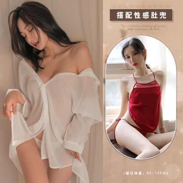 Sexy Women's Sleepwear Set - Busty Boyfriend Shirt Style Lingerie Dress, Flirty Summer Nightgown - White shirt + red bellyband