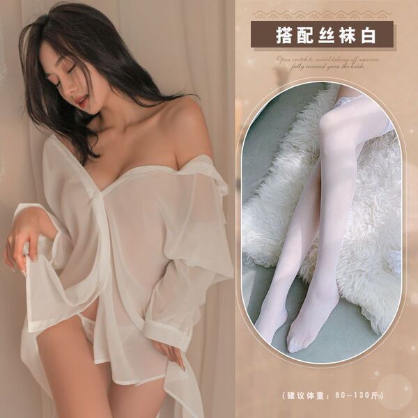 Sexy Women's Sleepwear Set - Hot Pure-Temptation Boyfriend Shirt & Matching Summer Nightgown - White shirt + white stockings