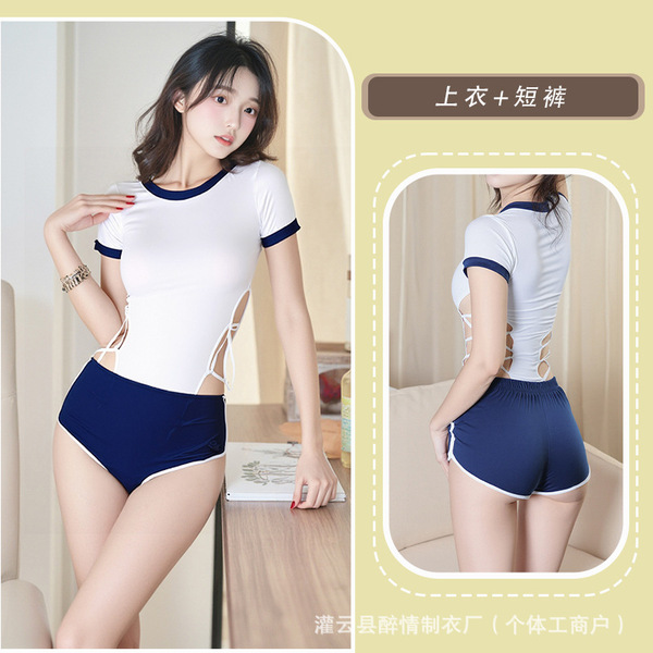 Campus Sexy Women's Sleepwear Set - Cute & Spicy Short Sleeve Tie-Front Bodysuit with Matching Lingerie - White + Shorts