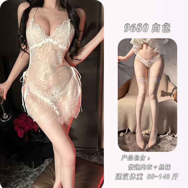NightSigh Lace Sheer Sexy Babydoll Dress - Ultra-Thin Adjustable Drawstring Sleepwear for Small Bust - White + matching stockings