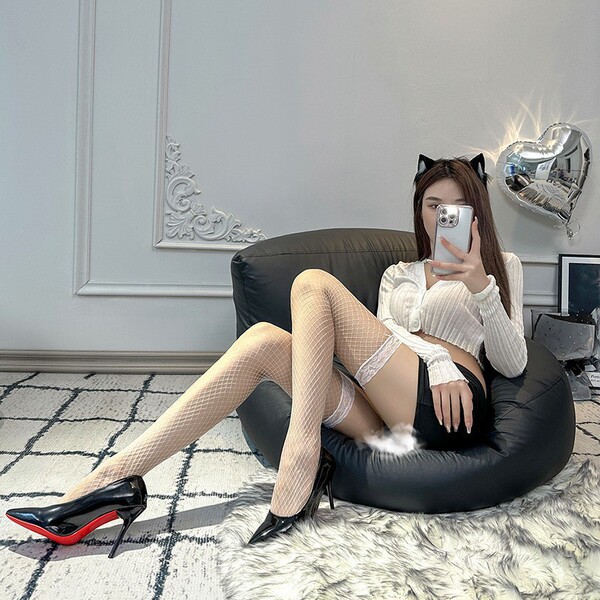 OL Teacher JK Cat Costume Set - Busty Sexy Maid & Cheongsam Lingerie Outfit for Nightclub & Role Play - White fishnet stockings