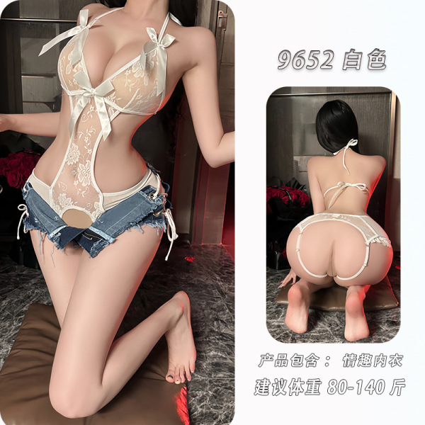 Night-Silk Sensual Lace Open-Crotch Bodysuit – French-Inspired Pure-Yet-Alluring Erotic Lingerie - White + matching stockings