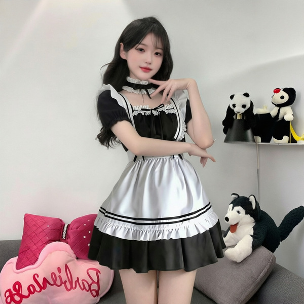Yimenglan Maid Costume Dress - Japanese Kawaii Cosplay Lolita Outfit for Women, Plus Size Summer Sleepwear - Suit + white stockings