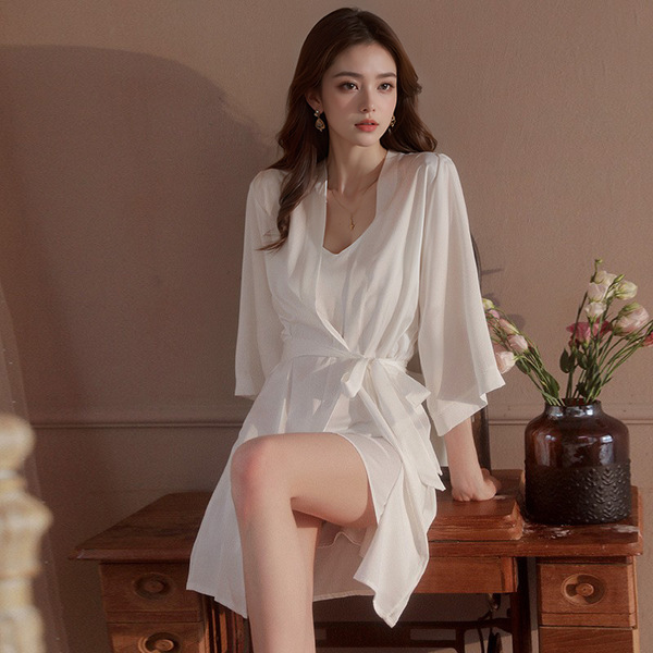 Seductive Ice Silk Backless Sleepwear Set - Sexy Lingerie Nightgown & Robe, No-Remove Passion Outfit, European Style - White (single outer robe)