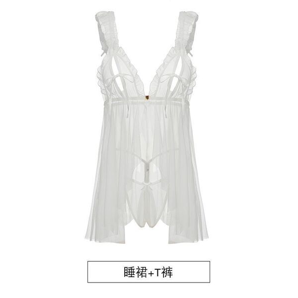 Luxury Lace Sleepwear for Women – Sheer Sexy Satin Slip Dress with Built-In Support, Summer Thin Sensual Nightgown - White nightgown + T-shirt