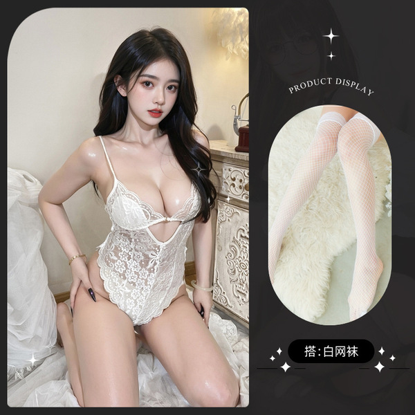 Lemon Story Sexy Sleepwear for Women - Backless Summer Lingerie, Push-Up Thin Bodysuit for Small Busts - 8842 White + White Fishnet Stockings