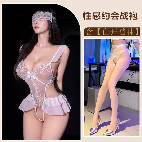 Meimei Pure-Yet-Sensual Lingerie Set - Modest Yet Sexy Open-Crotch Bunny Costume for Cosplay & Role Play - White and white open-crotch socks