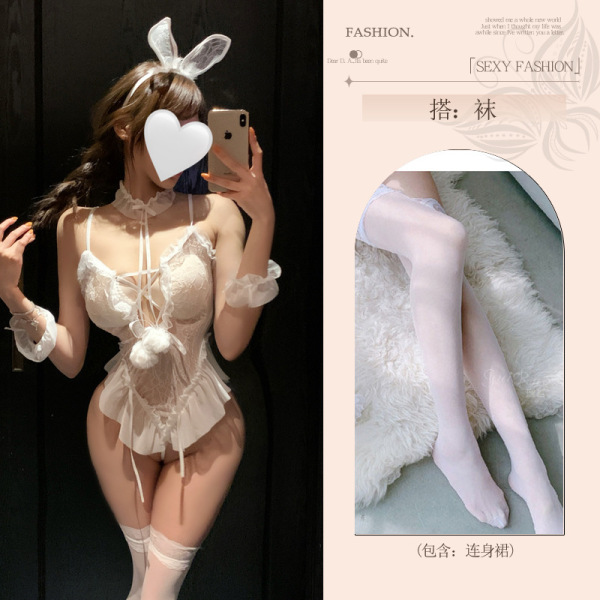 Pure & Playful Lingerie Set - Bunny Girl Erotic Lingerie for Women, Sensual Seductive Outfit with Luxe Feel - White outfit + matching socks