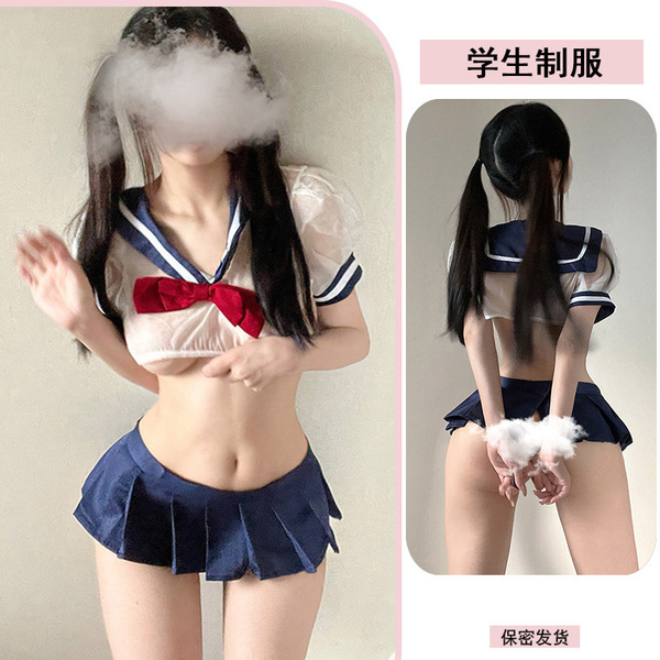 Sexy JK Uniform Set - Seductive Lace Bra & Pleated Mini Skirt Role Play Outfit for Women - Image color + white open crotch socks