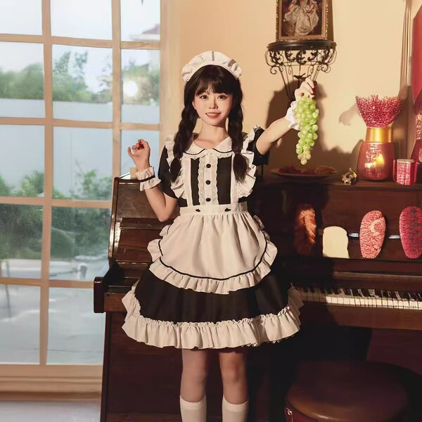 Adorable Japanese Lolita Maid Dress - Soft Kawaii Anime Costume for Daily Wear, Cosplay & Stage Performance - White suit + short socks