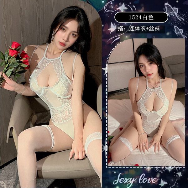 Sexy Lace Bodysuit with Halter Neck – Flirty Plus Size Lingerie for Women, Yoga Pants & Sleepwear Set - White [Underwire bodysuit] + pictured stockings