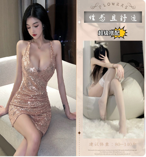 YueDie Sexy Lingerie Set for Women – Deep V Sparkle Nightwear, Shiny Sequin Sleep Dress, Alluring Adult Intimate Apparel - Picture set + white stockings