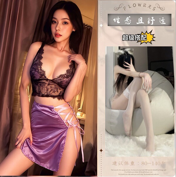 Floral Seductive Lace Cheongsam Set - Deep V Neck Busty Corset Dress with Thong & Garter Belt - Picture set + white stockings