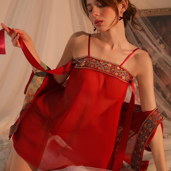 Mannye Qing Sensual Sheer Sleep Gown - Ancient Chinese Style Flyaway Hanfu Lingerie Set Inspired by Ji Ling'er - Image color + white stockings