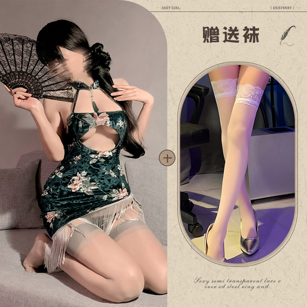 Qingran Vintage Velvet Cheongsam Lingerie - Seductive Peony Print Bodycon Dress with Tassels - Image color + white stockings