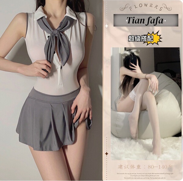 College-Style Backless Lingerie Dress - Seductive JK Uniform Set for Women, Pure & Tempting Outfit - Picture set + white stockings