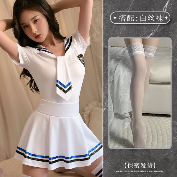 Japanese Sailor Uniform Lingerie Set - Cute Schoolgirl Roleplay Sleepwear Outfit for Women - Image style + white stockings