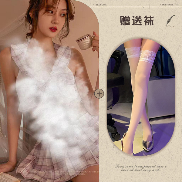 Sexy Grid JK Student Lingerie Set - Summer Lace-Up Hollow-Out School Uniform Outfit for Women - Picture set + white stockings