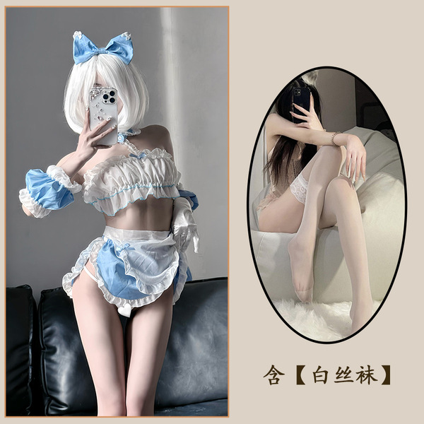 Cute Maid Costume Lingerie - Sweet Lolita Pure & Seductive Uniform with Lace Trim, Busty Flirty Outfit for Women - Suit + white stockings