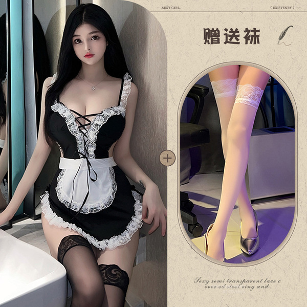 Night-Su Seductive Lace Maid Costume - Role Play Erotic Sleep Dress with Ties & Sheer Mesh - Picture set + white stockings