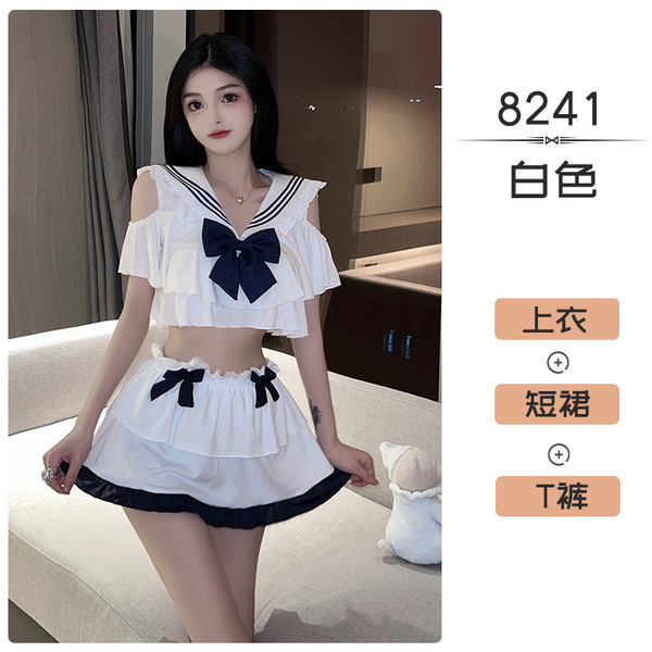Pure & Seductive Student Role Play Lingerie Set - Cute JK Style Bedroom Outfit for Women - White suit + white striped school socks