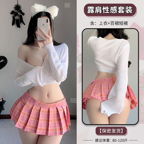 Domila Sexy Lingerie Set - Cute Schoolgirl JK Sweater Uniform with Sheer Mesh Design for Women - White sweater + pink skirt