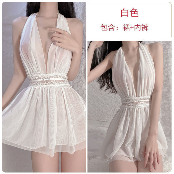 Pure & Playful Lingerie Sleep Set – Sexy Sheer Sleep Dress for Women, Romantic Bedroom Wear - White + underwear + white open-crotch stockings