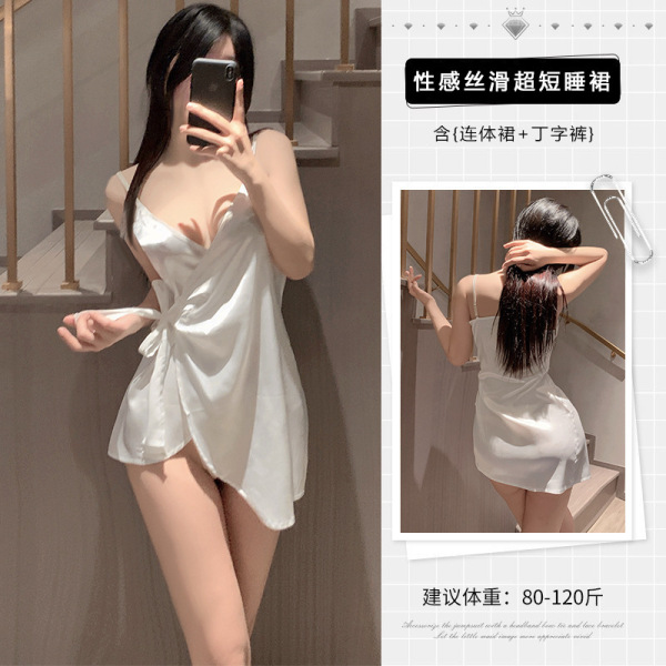 Satin Sexy Sleep Dress with Ties – Alluring Summer Lounge Lingerie Nightgown for Women - White Premium Version
