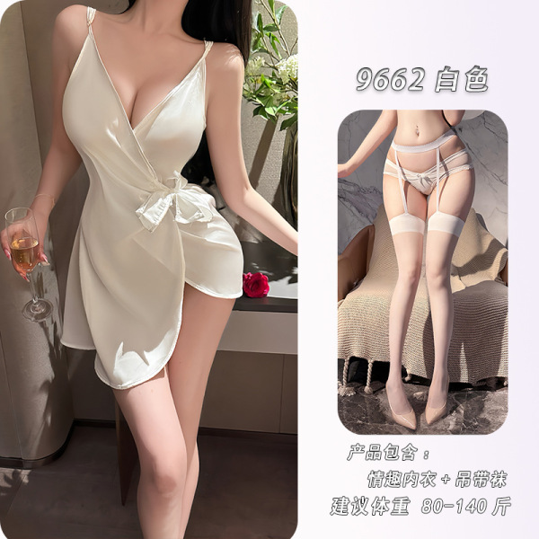 Feiniao Moonlit Lingerie Set - Sensual Waist-Cinching Sheer Deep V-Neck Tie-Detail Sleep Dress - White + matching suspender stockings