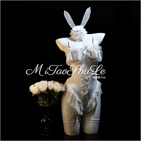 Pure & Tempting Lingerie Set - Modest Yet Sexy Bunny Girl Costume Sleepwear with Open-Crotch Design - White + matching suspender stockings