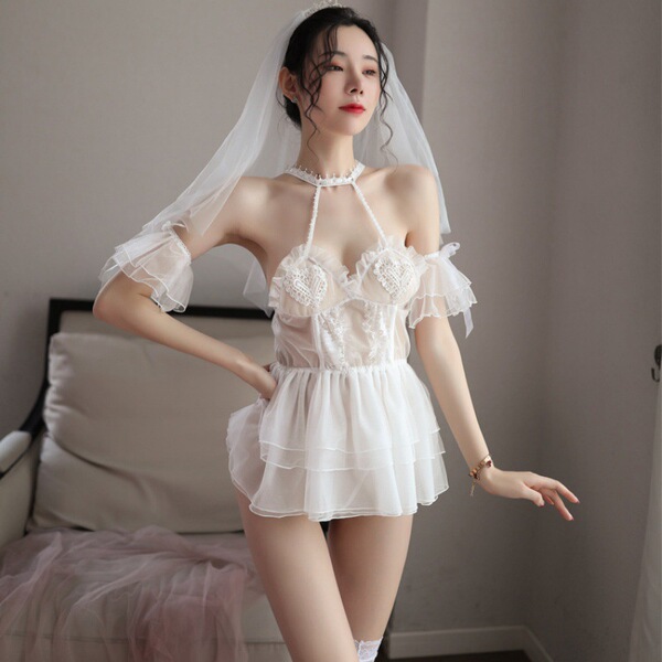 Bridal Lingerie Set for Women - Sexy Transparent Princess Wedding Costume with Lace & Sweet Innocent Design - White wedding dress and veil