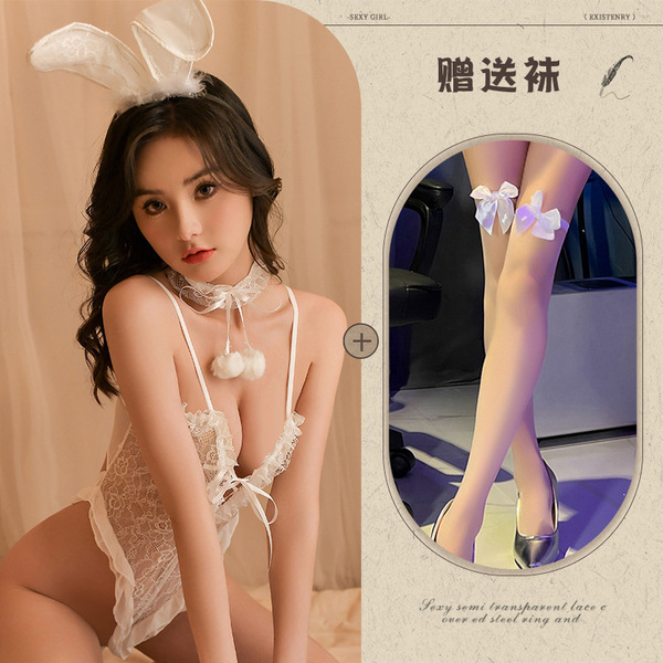 Pure & Alluring Bunny Girl Lace Bodysuit - Sexy Strapless Corset Outfit for Nightclub & Roleplay - White and white butterfly stockings