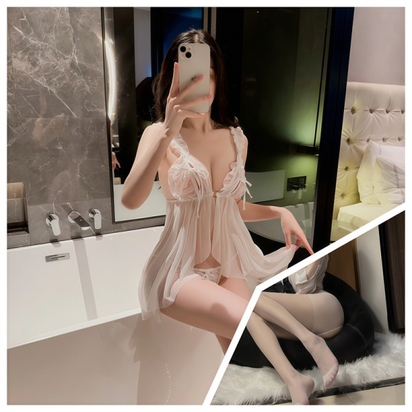 Luxury Lace Sleepwear for Women - Sheer Summer Satin Slip Dress with Push-Up Support & Elegant Embellishment - White and white open-crotch socks