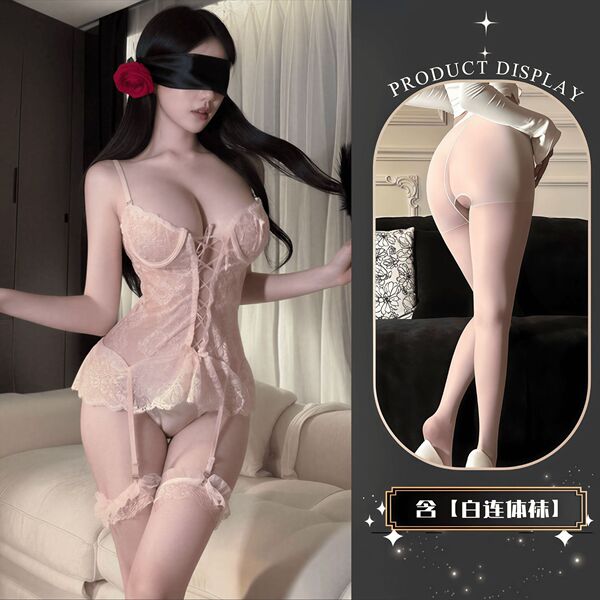 QQNY Pure Allure Sleepwear Set – Elegant Sensual Lingerie for Women, Luxury Bedroom Loungewear - White and white open-crotch socks