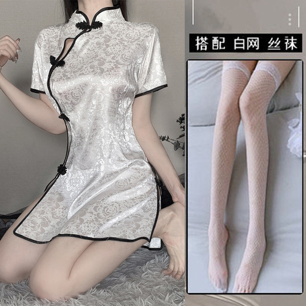 Sexy Lace Cheongsam Lingerie Set - Seductive Silk Sleepwear for Women, Flirty Nightwear & Costume Outfit - [2006 White] + [White Net]