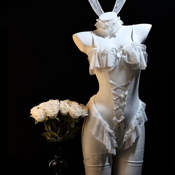 Rabbit Girl Lingerie Set - Sexy Tight-Fit Costume Sleepwear for Women, Pure Temptation Outfit - White + white fishnet stockings