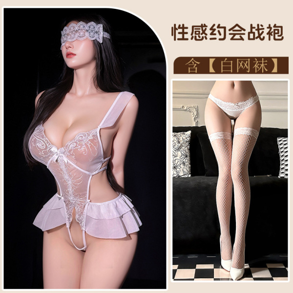 Meimei Pure-Yet-Sensual Lingerie Set - Modest Yet Sexy Open-Crotch Bunny Costume for Cosplay & Role Play - White + white fishnet stockings