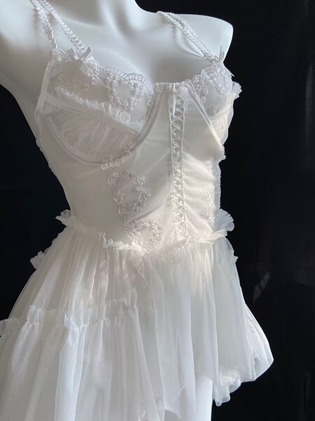 Sexy Lace Cami Nightgown for Women - Sheer Mesh Sleep Dress with Floral Trim, Pure & Alluring Lingerie Set - White + white fishnet stockings