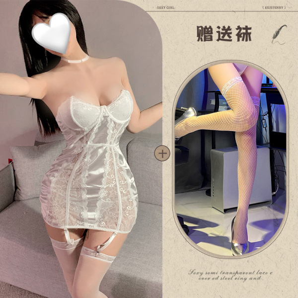 Lace Halter Bodycon Mini Dress - Luxe Satin Purple Sensual Lingerie Set - White + white fishnet stockings