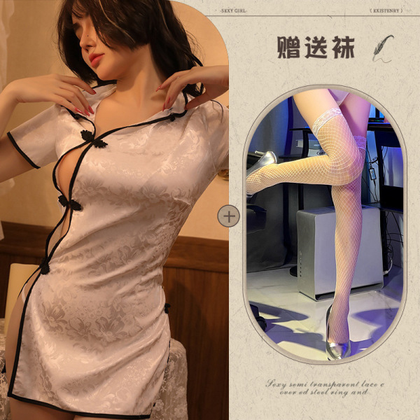 Vintage Sexy Qipao Lingerie Set - Retro Chinese-Inspired Short Dress for Women - White + white fishnet stockings