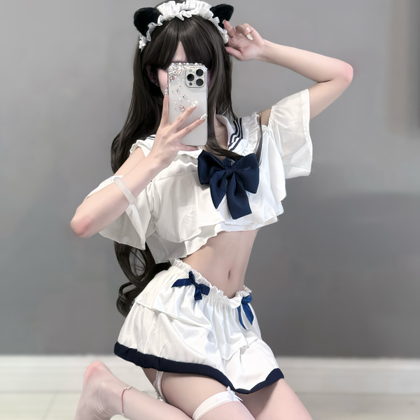 Sailor-Style Sexy Lingerie Set - Sheer JK Uniform Costume for Women, Cute Soft Girl Bedroom Outfit - White + white open-crotch socks