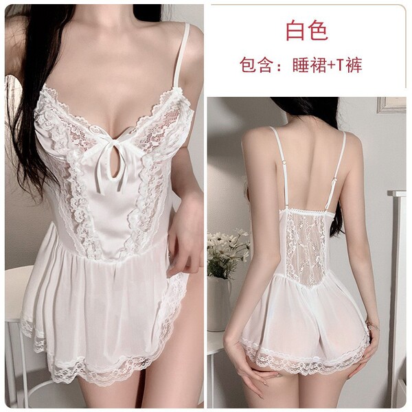 Sexy Lace Sheer Sleep Dress for Women – Sweet & Alluring Matching Loungewear Set - White + white stockings