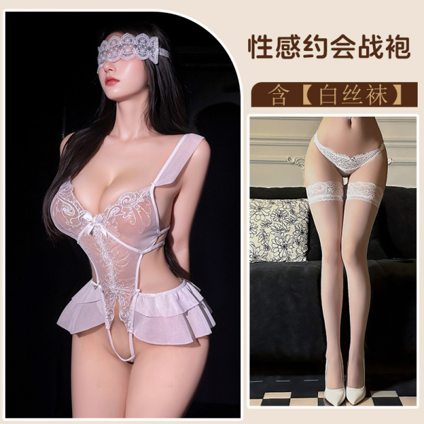 Meimei Pure-Yet-Sensual Lingerie Set - Modest Yet Sexy Open-Crotch Bunny Costume for Cosplay & Role Play - White + white stockings