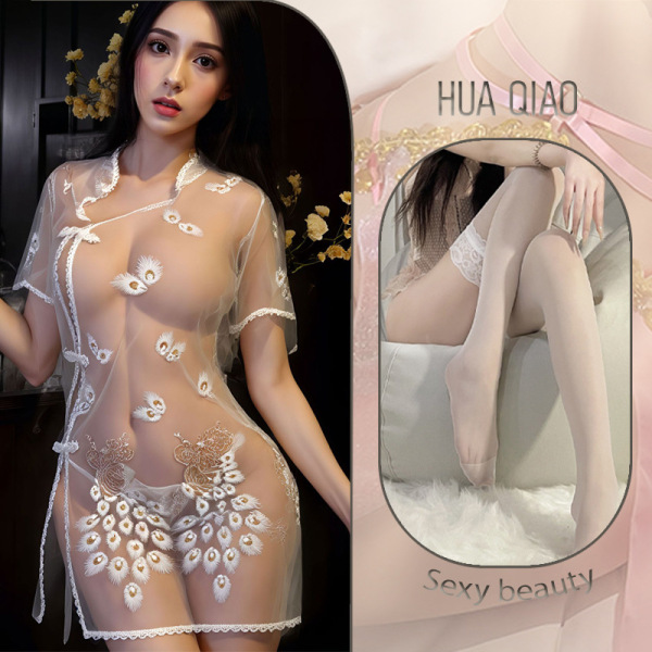 Seductive Maid Costume Lingerie Set - Modest Yet Alluring Temptation Sleepwear for Women - White + white stockings
