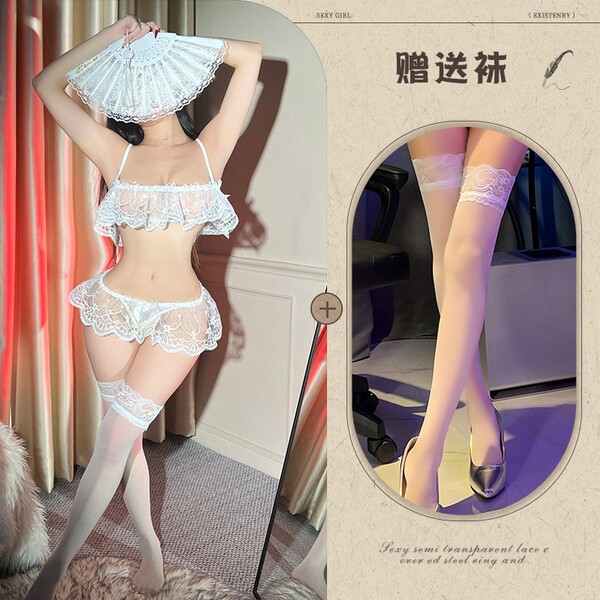 Women's Sexy Lace Babydoll Set - Sheer Mesh Open-Crotch Sleepwear for Intimate Nights - White + white stockings