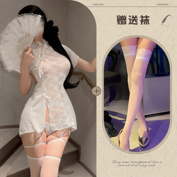 Lace Mesh Cheongsam Lingerie - Sheer Vintage Erotic Dress with Bare-Butt Cutout & Tied Front Design - White + white stockings